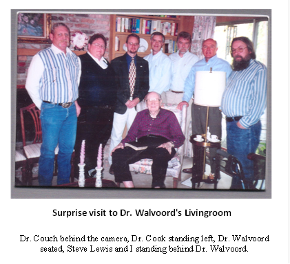  
Surprise visit to Dr. Walvoord's Livingroom 
Dr. Couch behind the camera, Dr. Cook standing left, Dr. Walvoord seated, Steve Lewis and I standing behind Dr. Walvoord. 

